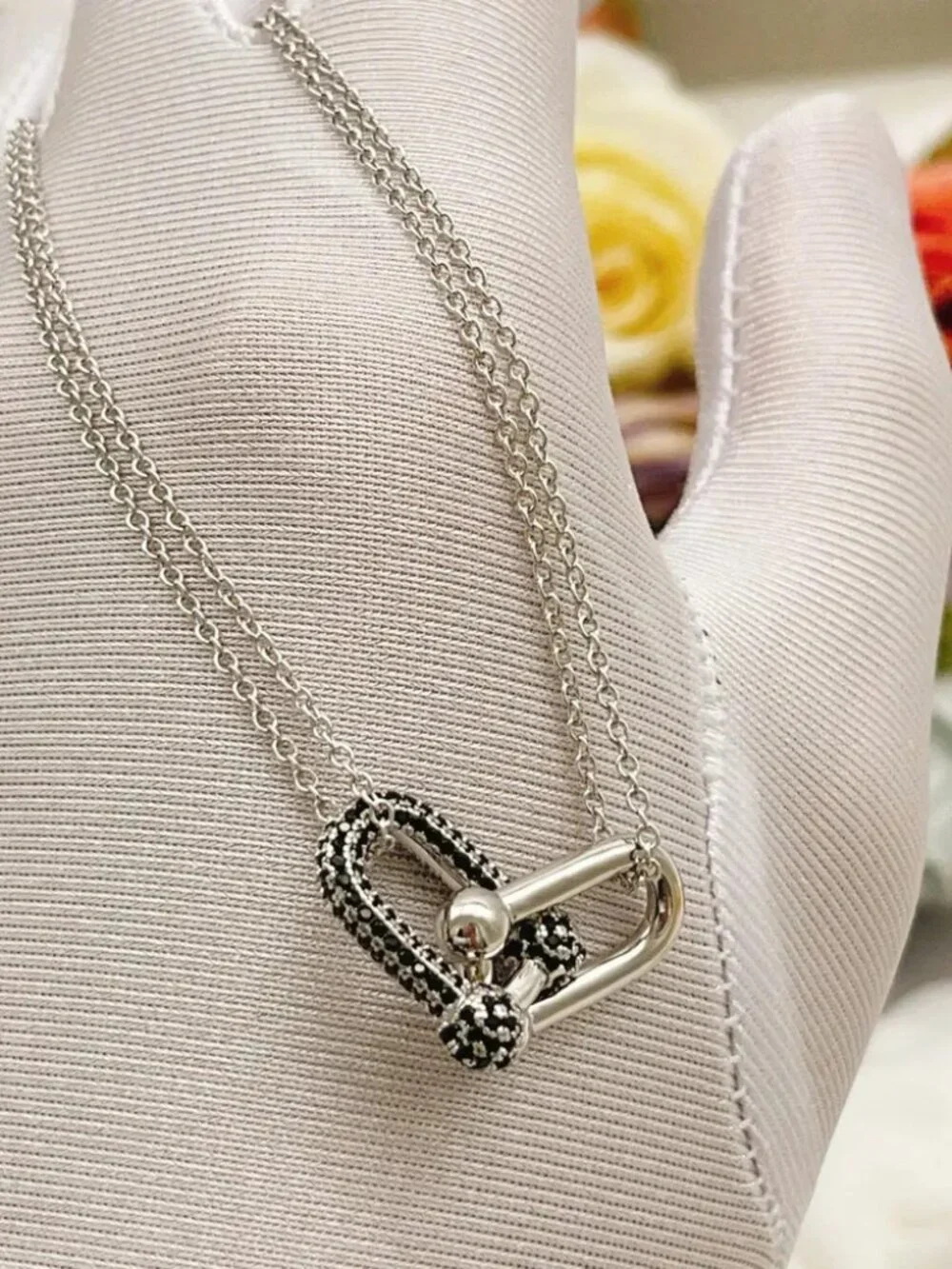 Tiffany & Co. Silver and Black Diamond Double Chain Horseshoe Necklace